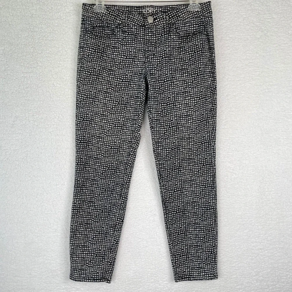LOFT Modern Skinny Pants Black White Geometric Grid Print Size 28/6 Mid Rise